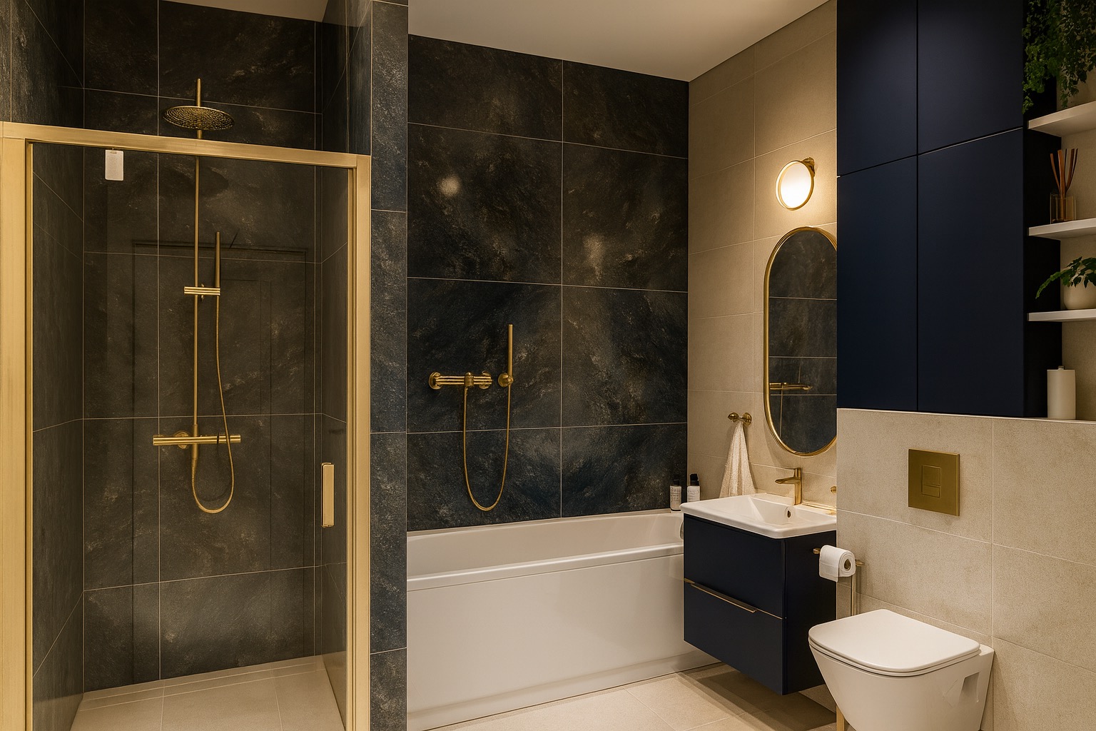 Nowoczesna łazienka z kabiną prysznicową w złotych ramach, ciemnymi płytkami imitującymi kamień i szafką w kolorze granatowym. Umywalka z owalnym lustrem.
