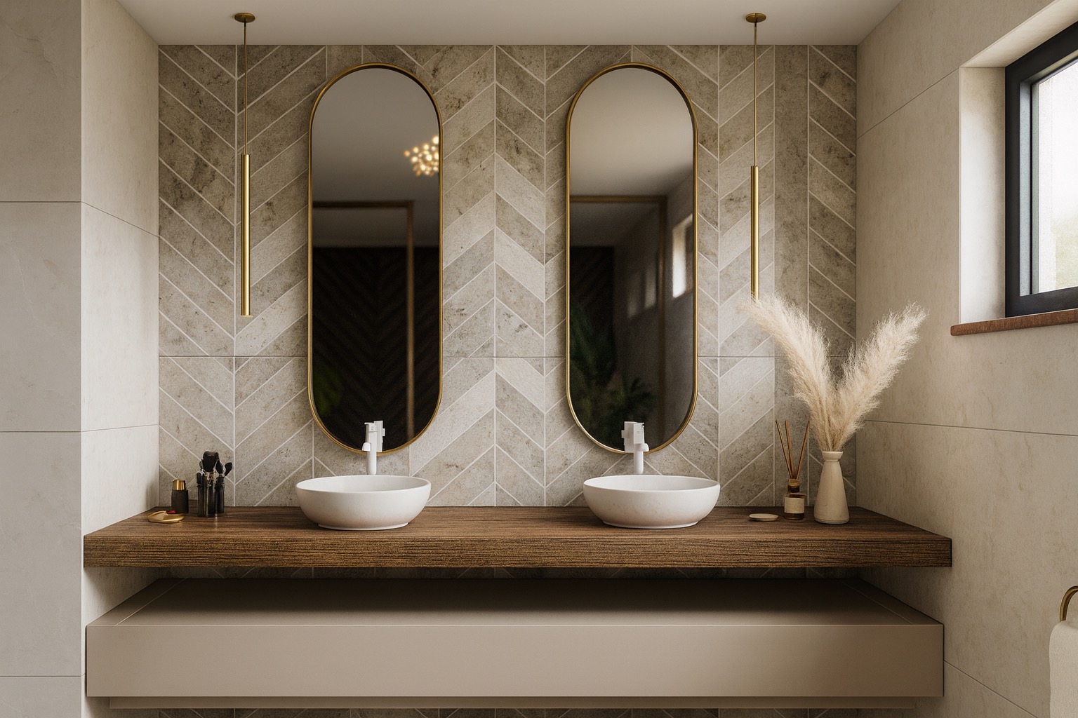 Nowoczesna łazienka z dwoma owalnymi lustrami w złotych ramach, umywalkami nablatowymi i drewnianym blatem. Ściana wyłożona płytkami w jodełkę, minimalistyczne oświetlenie.