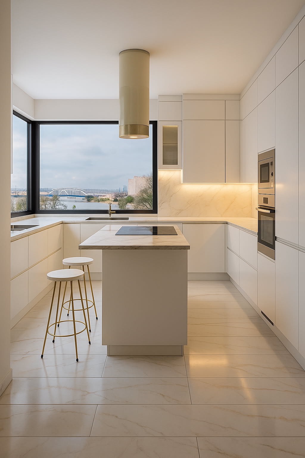 Nowoczesna, jasna kuchnia z wyspą i widokiem na miasto przez duże okno. Minimalistyczne białe szafki, marmurowy blat i złote akcenty. Cylindryczny okap.
