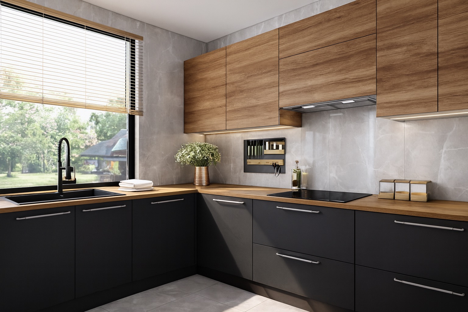Nowoczesna kuchnia z czarnymi szafkami i drewnianymi blatami, oświetleniem LED pod szafkami wiszącymi. Widok na okno z żaluzjami i zielony ogród.