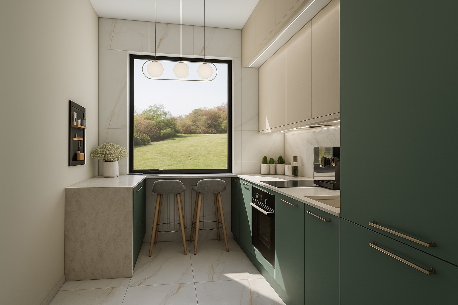 Nowoczesna kuchnia w odcieniach zieleni i beżu z marmurowym blatem, oświetleniem punktowym i widokiem na zieleń za oknem. Dwa szare hokery przy blacie.