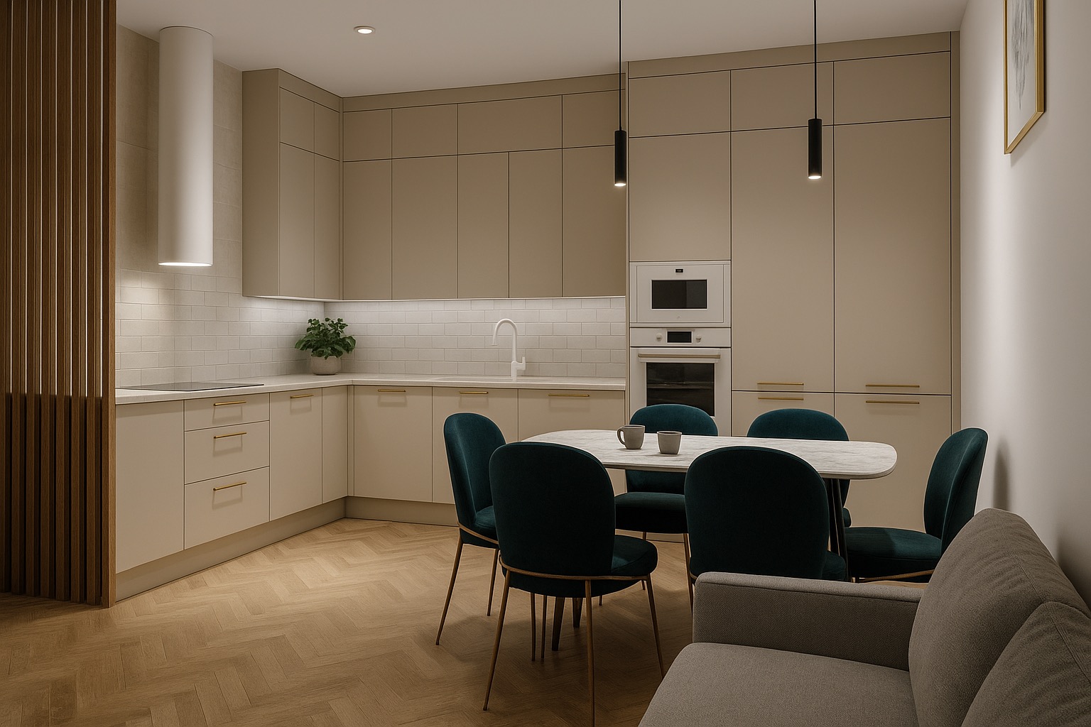 Beżowa kuchnia z drewnianym parkietem w jodełkę, okrągłym stołem i zielonymi krzesłami. Minimalistyczne lampy wiszące nad stołem. Roślina w doniczce na blacie.