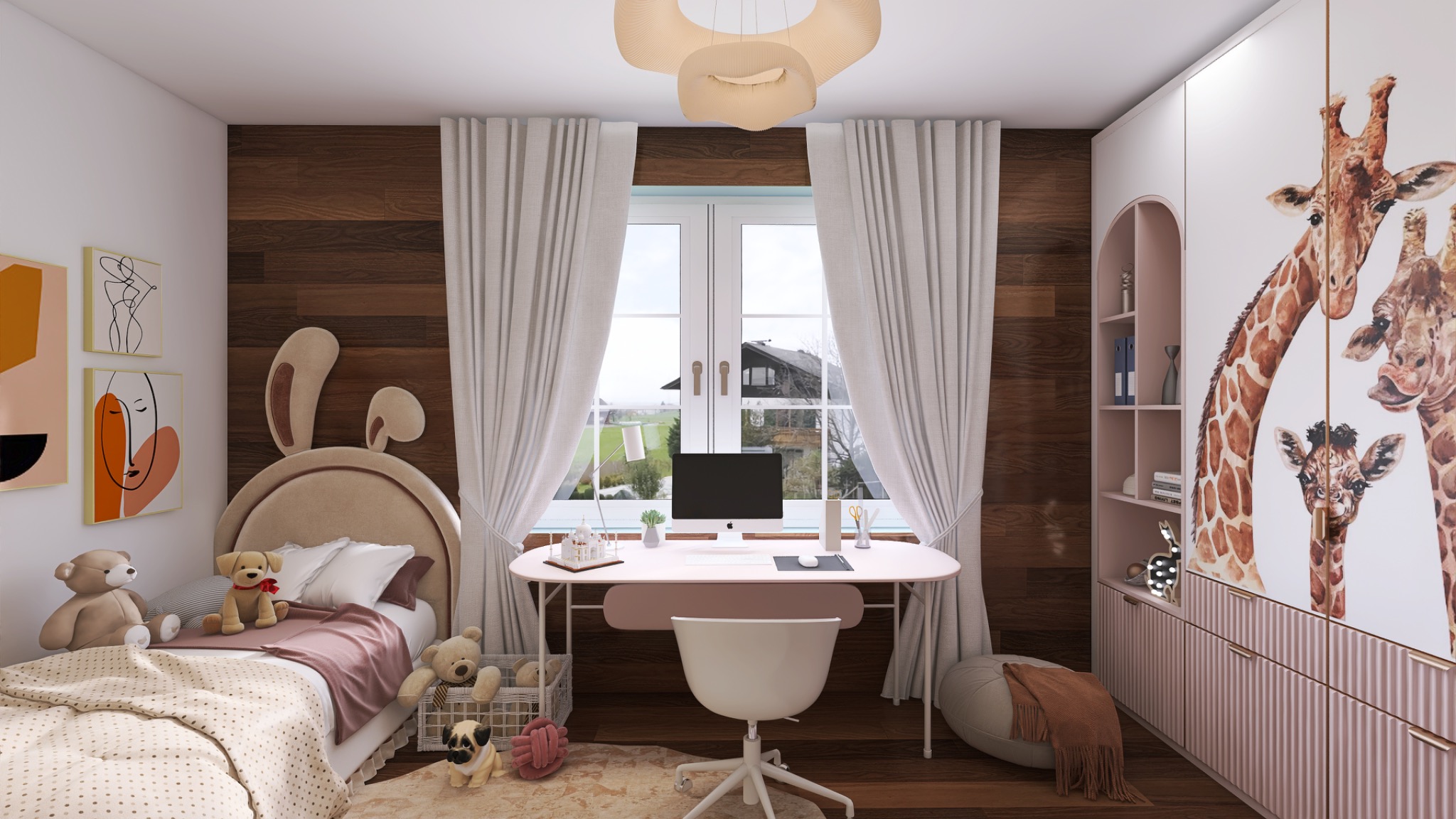 Pokój dziecięcy z łóżkiem w kształcie króliczych uszu, biurkiem z komputerem i szafą z motywem żyrafy. Drewniana ściana i jasne zasłony dopełniają aranżację.