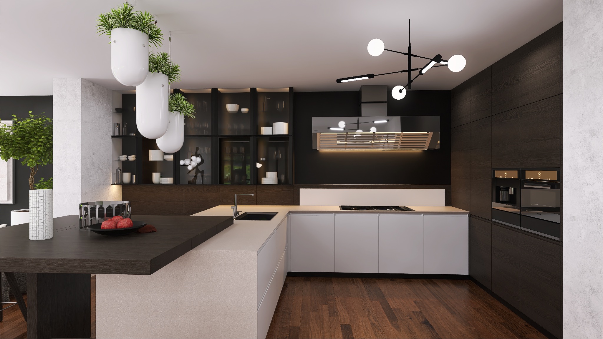 Nowoczesna kuchnia z wyspą, wiszącymi donicami i ciemnym drewnem. Minimalistyczny design, oświetlenie punktowe i drewniana podłoga dodają elegancji.