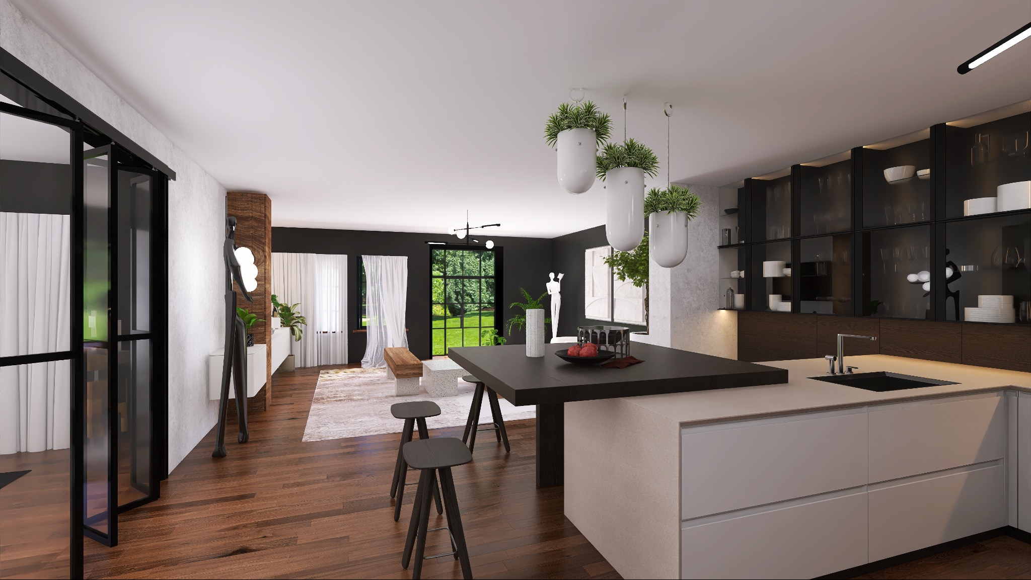 Nowoczesna kuchnia z wyspą i wiszącymi roślinami w białych donicach. Czarne, przeszklone szafki wiszące. Parkiet na podłodze. Widok na salon i ogród.
