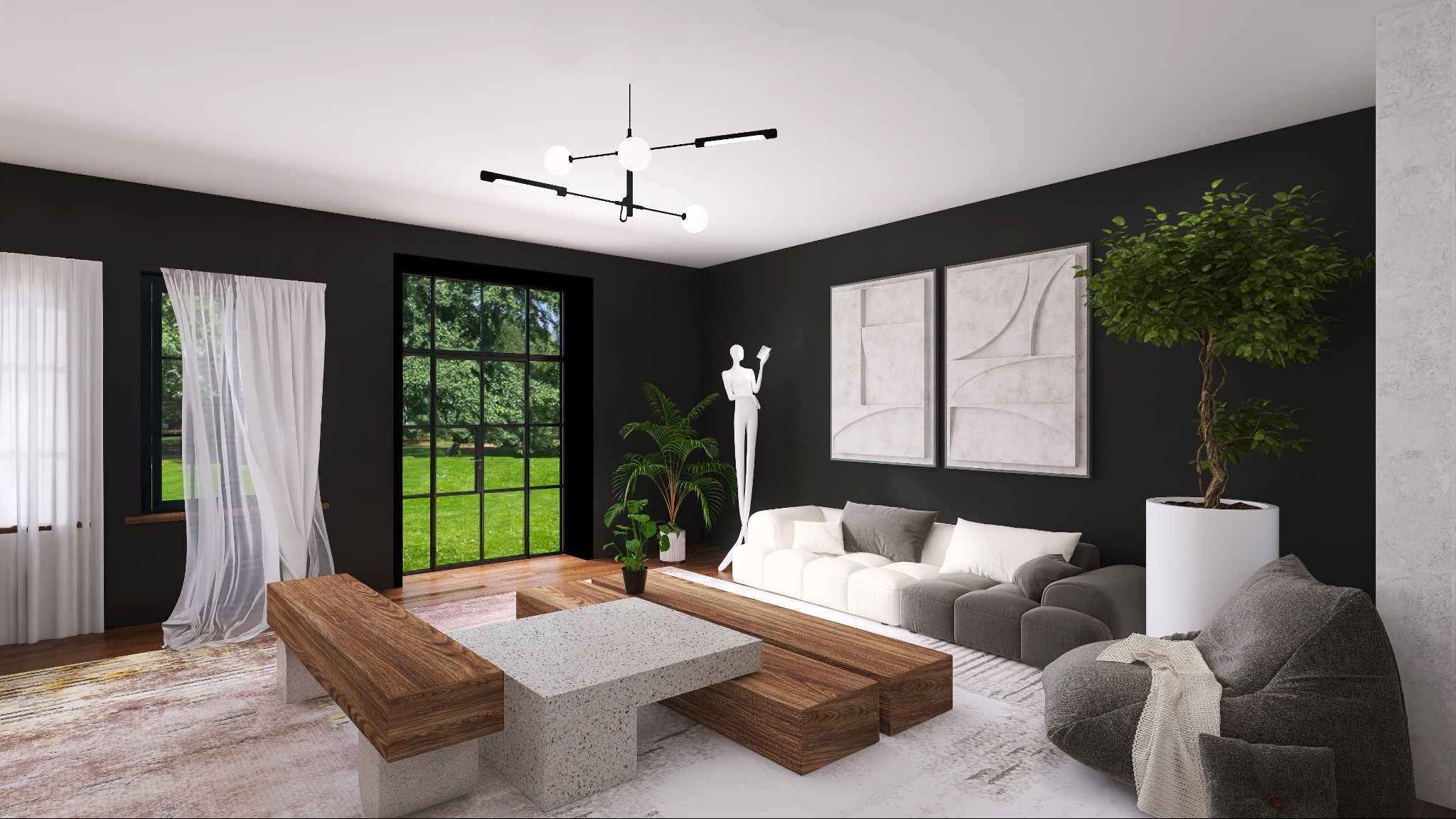 Nowoczesny salon z ciemnymi ścianami, jasną sofą modułową, drewnianym stolikiem kawowym i dużym oknem z widokiem na zieleń. Minimalistyczny design z akcentami roślinnymi.