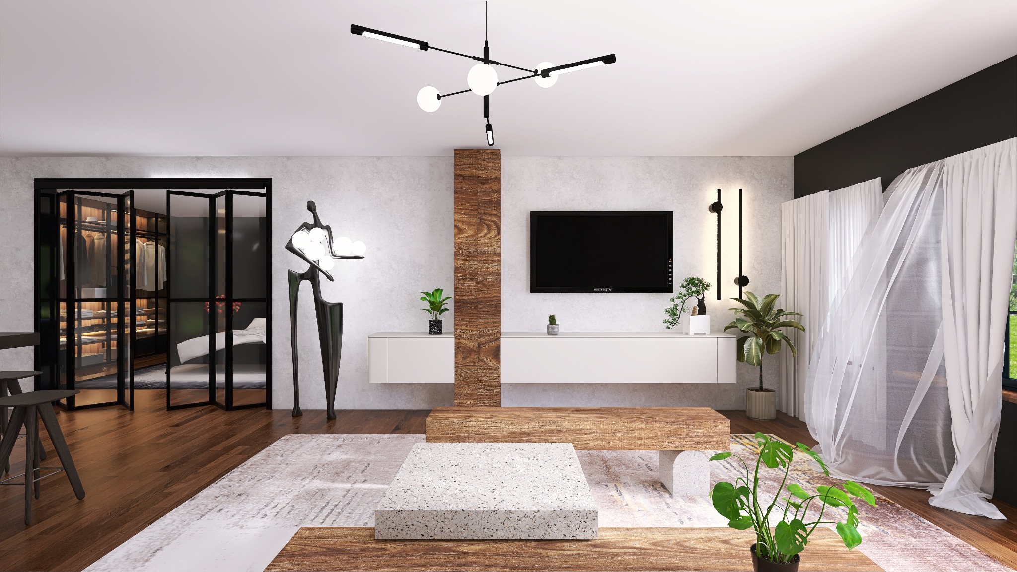 Nowoczesny salon z szafą wnękową, minimalistyczną lampą i rzeźbą. Jasne kolory, drewniane akcenty i rośliny doniczkowe tworzą przytulną atmosferę.