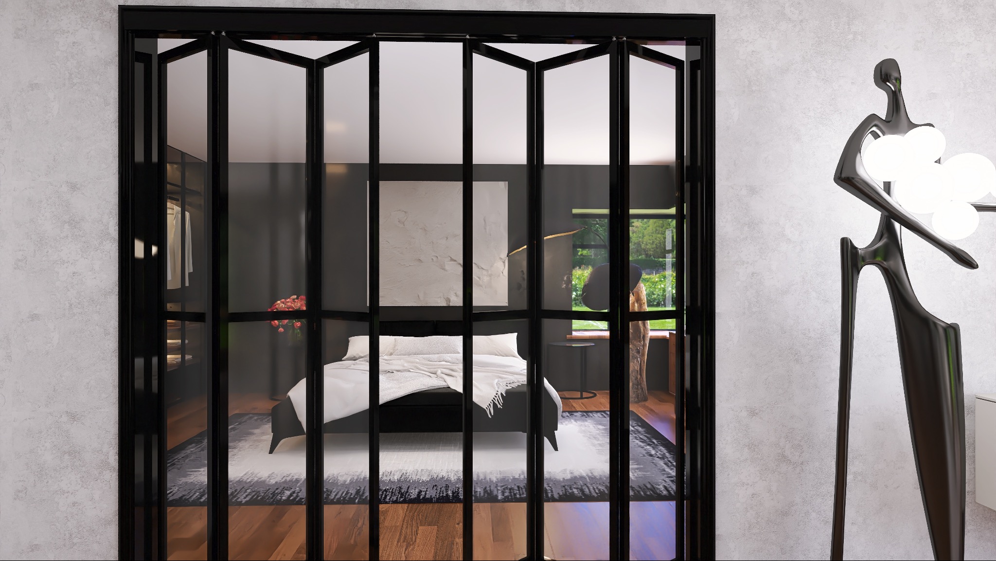 Nowoczesna sypialnia za szklaną ścianą z czarnymi ramami. Widoczna garderoba, łóżko z białą pościelą i abstrakcyjna rzeźba lampy. Minimalistyczny design.
