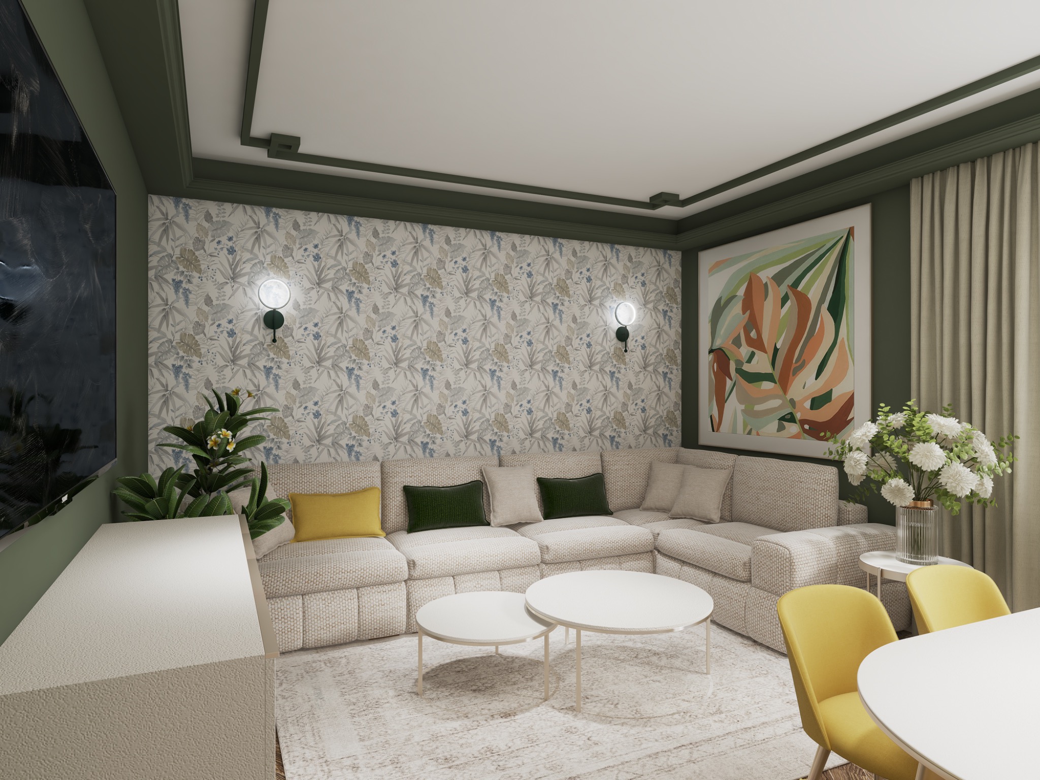 Stylowy salon z narożną sofą w odcieniach beżu, okrągłymi stolikami kawowymi i ścianą w kwiatowy wzór. Akcenty kolorystyczne w postaci żółtych krzeseł i poduszek.