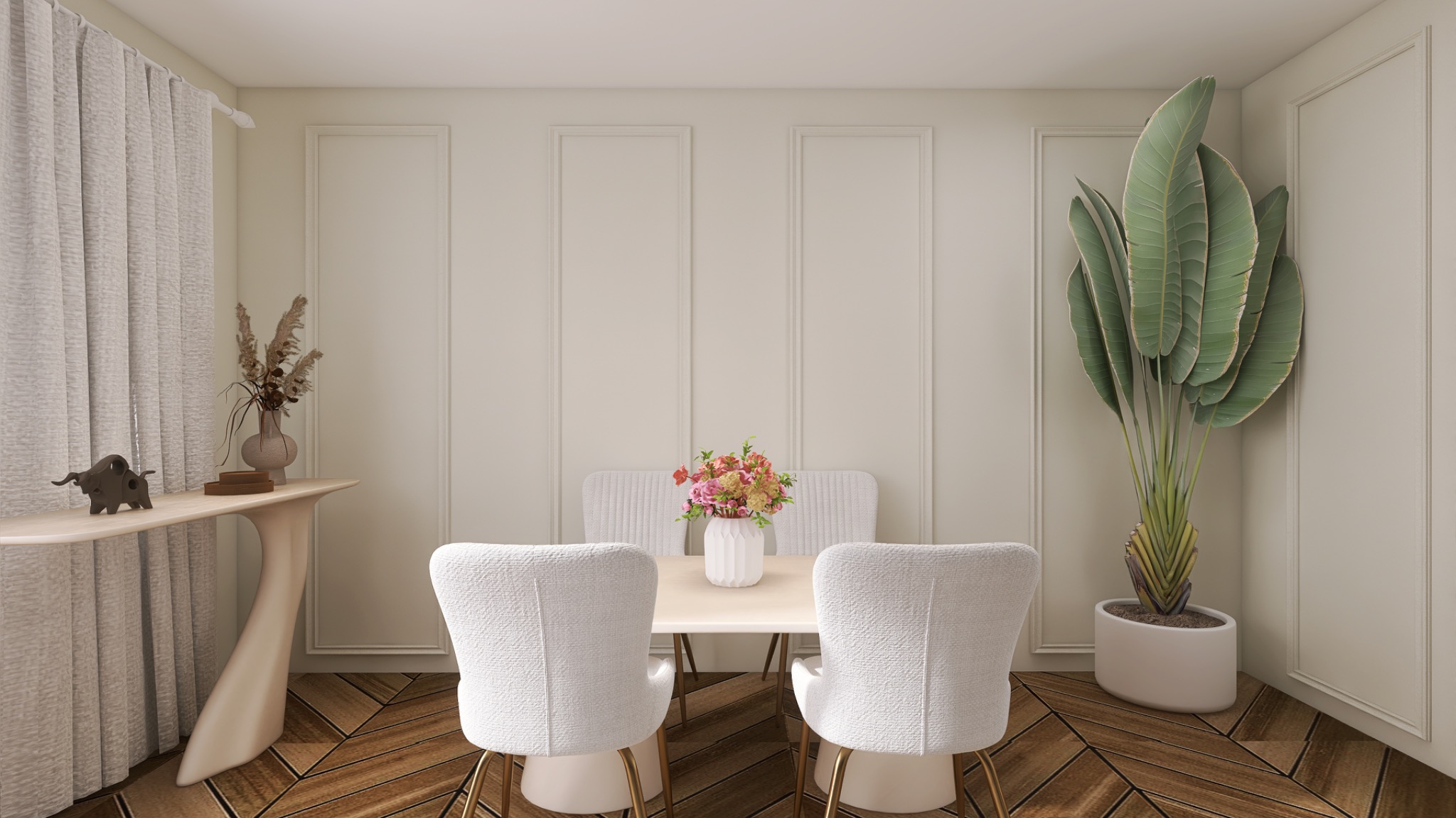 Jasne wnętrze jadalni z drewnianą podłogą w jodełkę, białymi krzesłami i stołem, dekoracjami kwiatowymi i roślinami doniczkowymi. Minimalistyczny design.