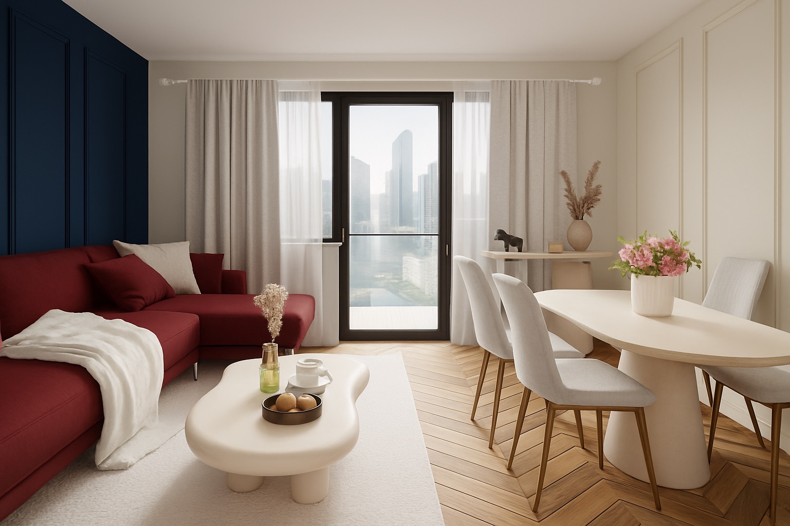 Nowoczesny salon z burgundową sofą, stolikiem kawowym w kształcie nerki i jadalnią z widokiem na miasto. Parkiet w jodełkę, beżowe ściany i zasłony.