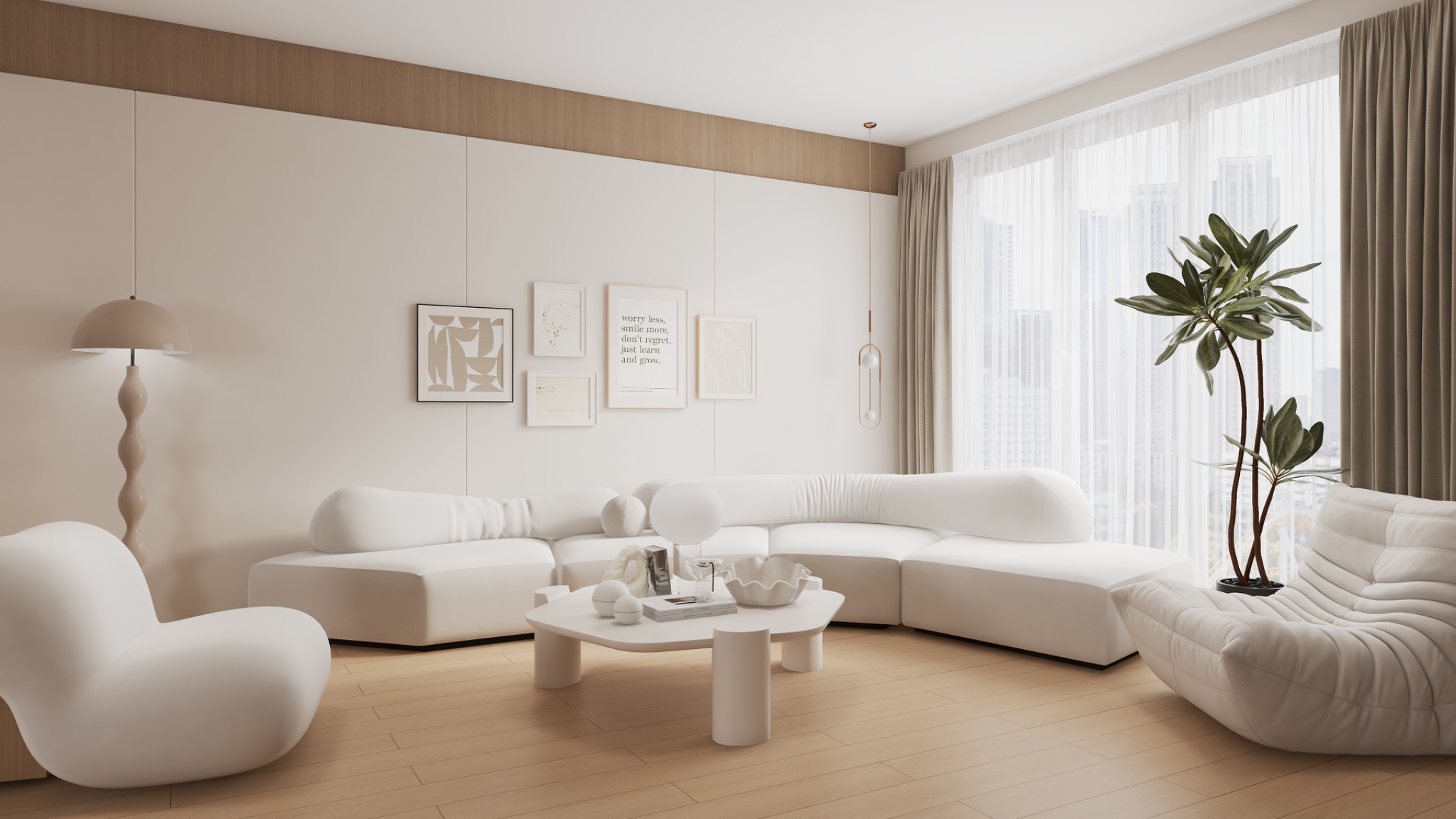 Jasne wnętrze salonu z białymi meblami o organicznych kształtach, drewnianą podłogą i dekoracjami ściennymi. Duże okno z widokiem na miasto w tle.