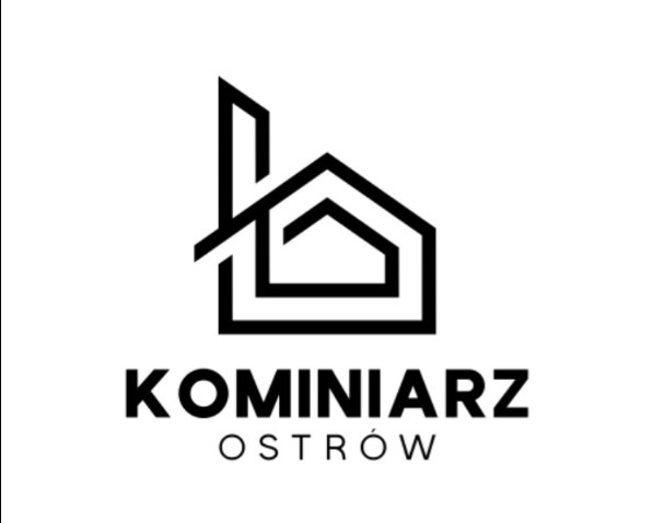 Minimalistyczne logo firmy z branży kominiarskiej, przedstawiające stylizowany dom z kominem, poniżej nazwa firmy 'Kominiarz Ostrów' w czerni na białym tle.