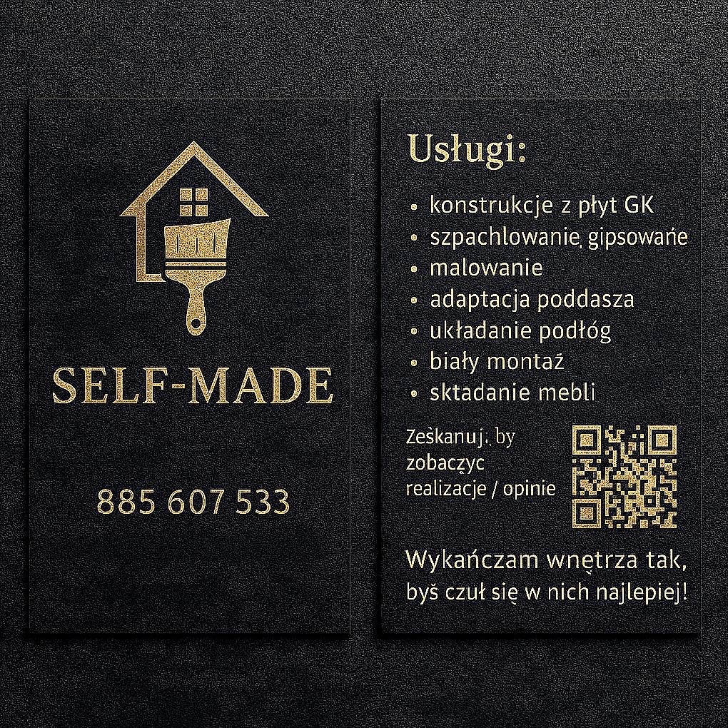 Elegancka wizytówka firmy SELF-MADE w kolorze czarnym ze złotymi akcentami. Oferta usług: konstrukcje GK, szpachlowanie, malowanie, adaptacja poddasza, podłogi, montaż, meble.