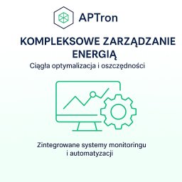 APTron - Grafika: Kompleksowe zarządzanie energią, monitor z wykresem i koło zębate. Zintegrowane systemy monitoringu i automatyzacji. Logo APTron w górnym rogu.