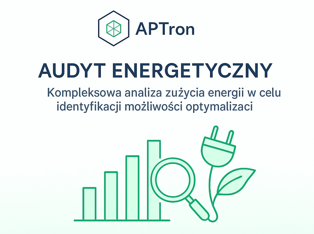 Grafika: Audyt energetyczny, analiza zużycia energii. Wykres słupkowy, lupa i wtyczka z liściem. Logo APTron w górnym rogu. Minimalistyczny design w odcieniach zieleni i bieli.