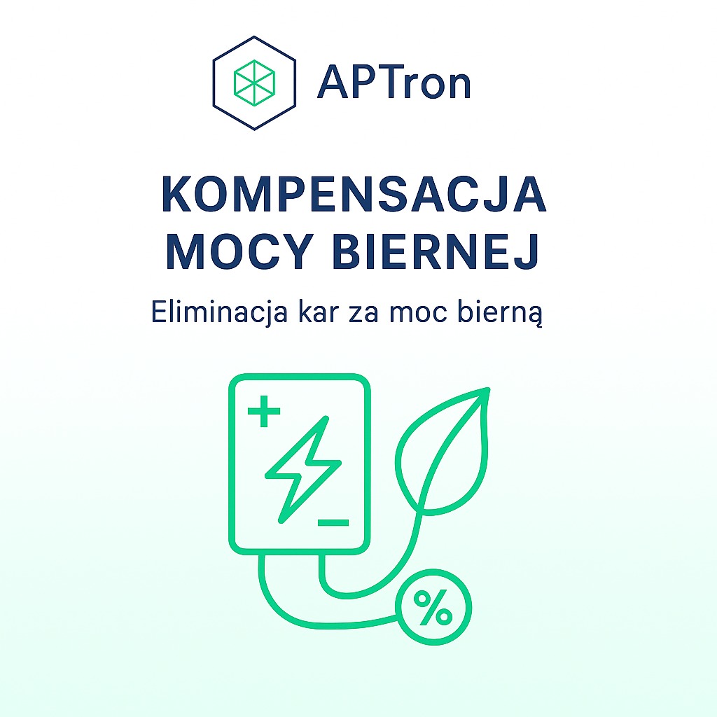 Grafika: Kompensacja mocy biernej, eliminacja kar. Zielony symbol baterii z plusem i minusem, liść i znak procenta. Logo APTron w górze. Optymalizacja zużycia energii.