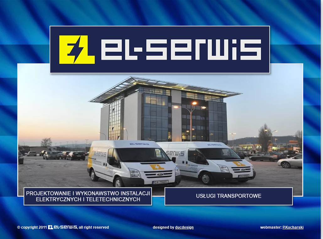 Dwa białe busy firmy El-Serwis na tle nowoczesnego budynku biurowego i parkingu. Logo firmy widoczne na busach i w górnej części zdjęcia.