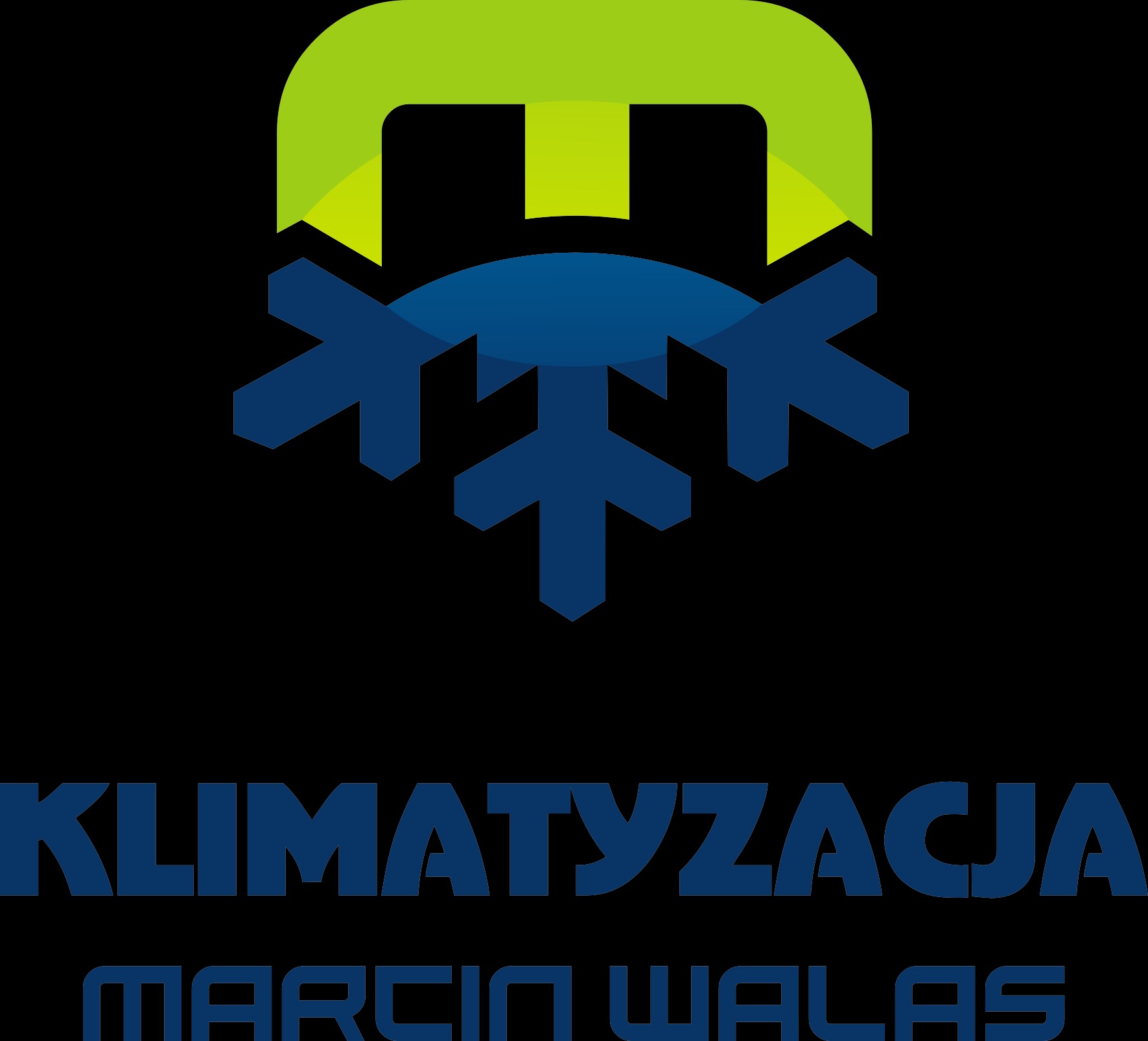 Grafika z logo firmy 'Klimatyzacja Marcin Walas' na czarnym tle. Logo zawiera zielony element graficzny, niebieski symbol płatka śniegu i nazwę firmy.