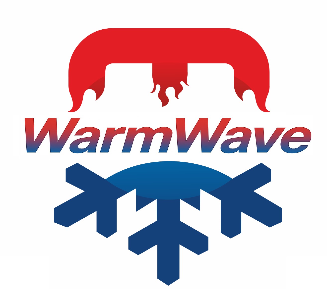 Kolorowe logo WarmWave z czerwonym płomieniem u góry i niebieską śnieżynką na dole, symbolizujące ogrzewanie i chłodzenie.