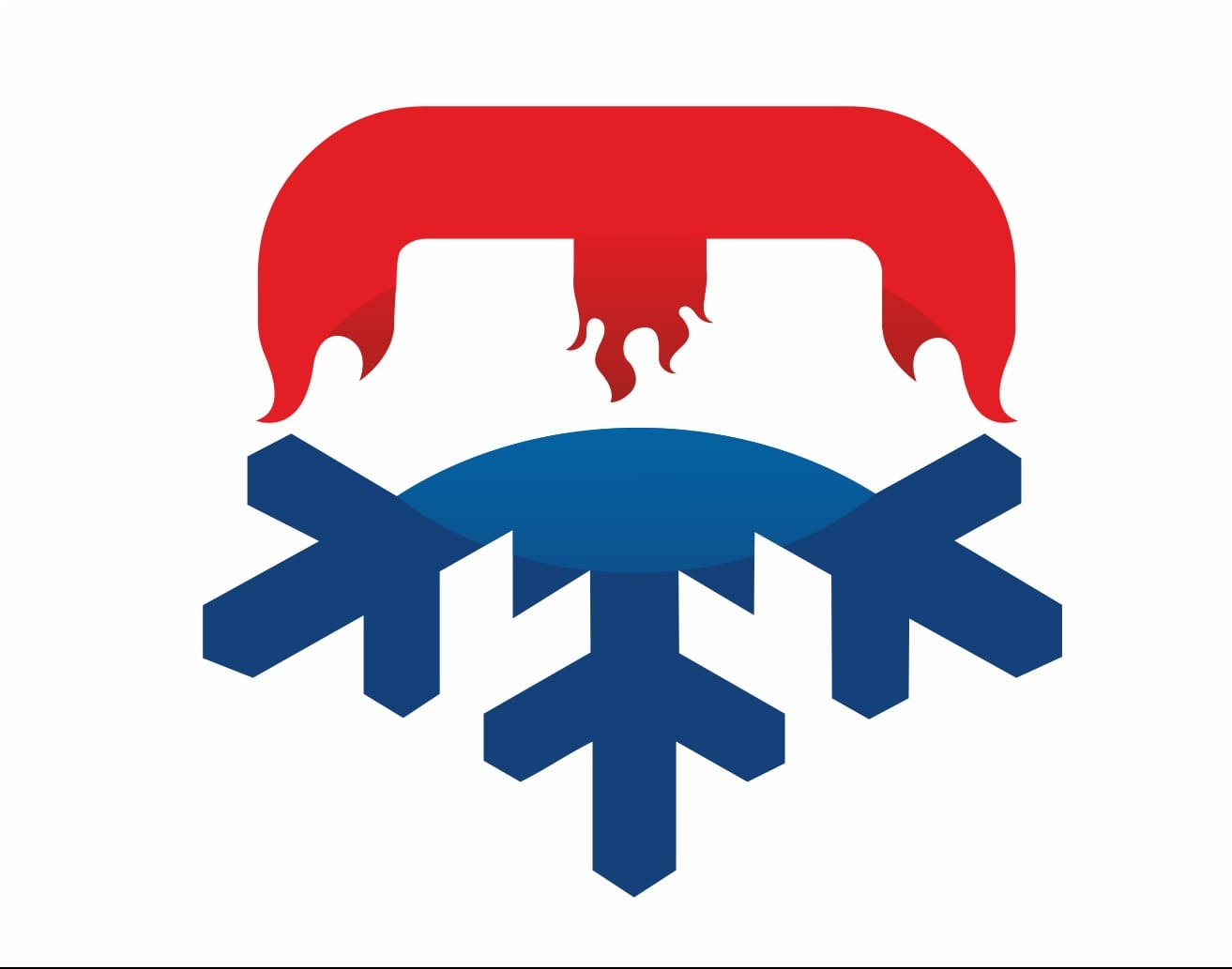 Abstrakcyjne logo: czerwony płomień nad niebieską śnieżynką, symbolizujące ogrzewanie i chłodzenie. Prosty, nowoczesny design na białym tle.