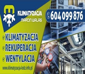 Grafika reklamowa: klimatyzacja, rekuperacja, wentylacja. Widoczne jednostki klimatyzacyjne na dachu i instalacja wentylacyjna. Numer telefonu i adres strony internetowej.