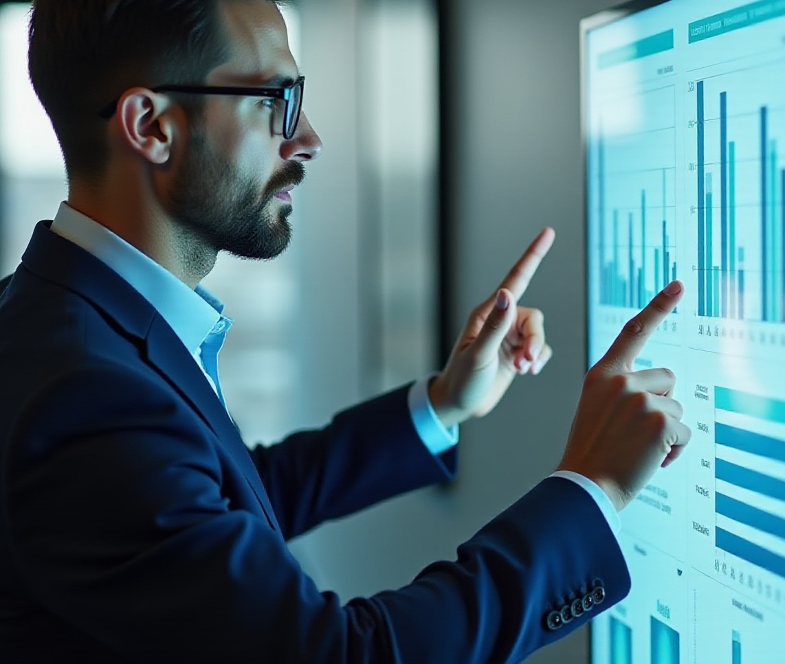 Mężczyzna w garniturze wskazuje na wykresy słupkowe na ekranie, analizując dane. Prezentacja wyników, biznesowe spotkanie, nowoczesne biuro, oświetlenie LED.