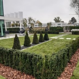 IGLAND SPÓŁKA Z OGRANICZONĄ ODPOWIEDZIALNOŚCIĄ - Nowoczesny ogród z równo przystrzyżonym trawnikiem, żywopłotem i ścieżką z jasnych płyt. W tle budynki i wiszące fotele.