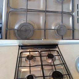Clean Kropla-Sprzątanie Częstochowa - Kuchenka gazowa przed i po czyszczeniu w Częstochowie. Widoczna różnica w połysku i czystości palników oraz rusztu. Efekt profesjonalnego sprzątania.