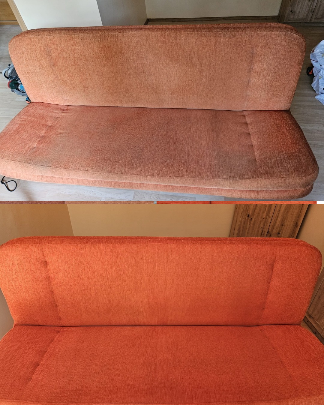 Pomarańczowa kanapa: góra - widoczne plamy i zabrudzenia, dół - po czyszczeniu, intensywny kolor, brak plam. Efekt prania tapicerki.