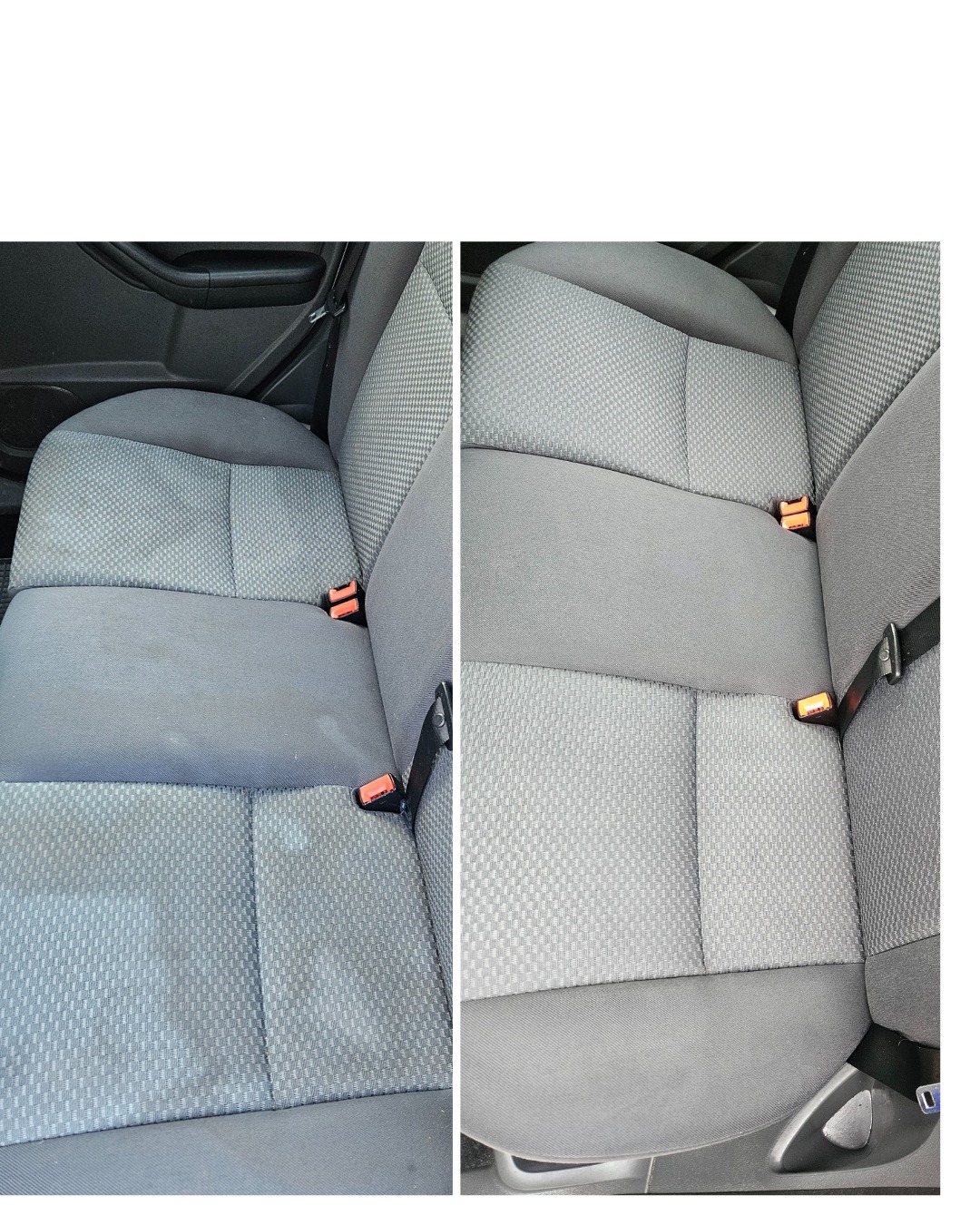 Tapicerka samochodowa przed i po praniu. Po lewej widoczne zabrudzenia, po prawej czysta, odświeżona tapicerka. Widoczne pasy bezpieczeństwa i faktura materiału.