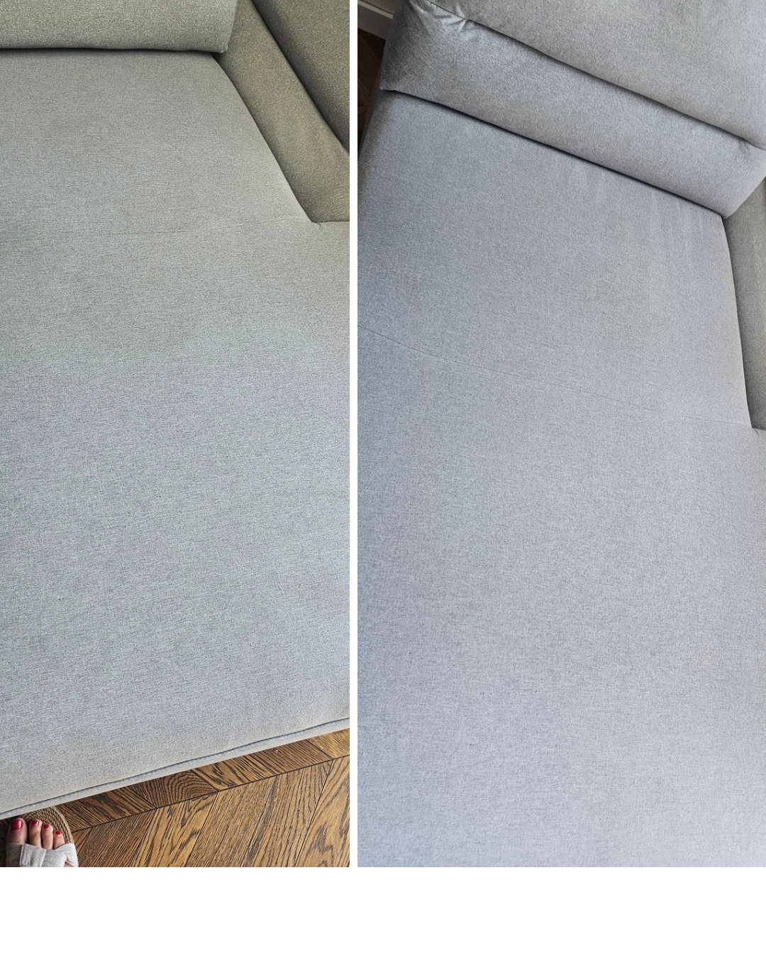 Zdjęcie przedstawia fragment sofy w układzie 'przed i po' czyszczeniu. Po lewej stronie widoczna jest sofa przed czyszczeniem, a po prawej po.