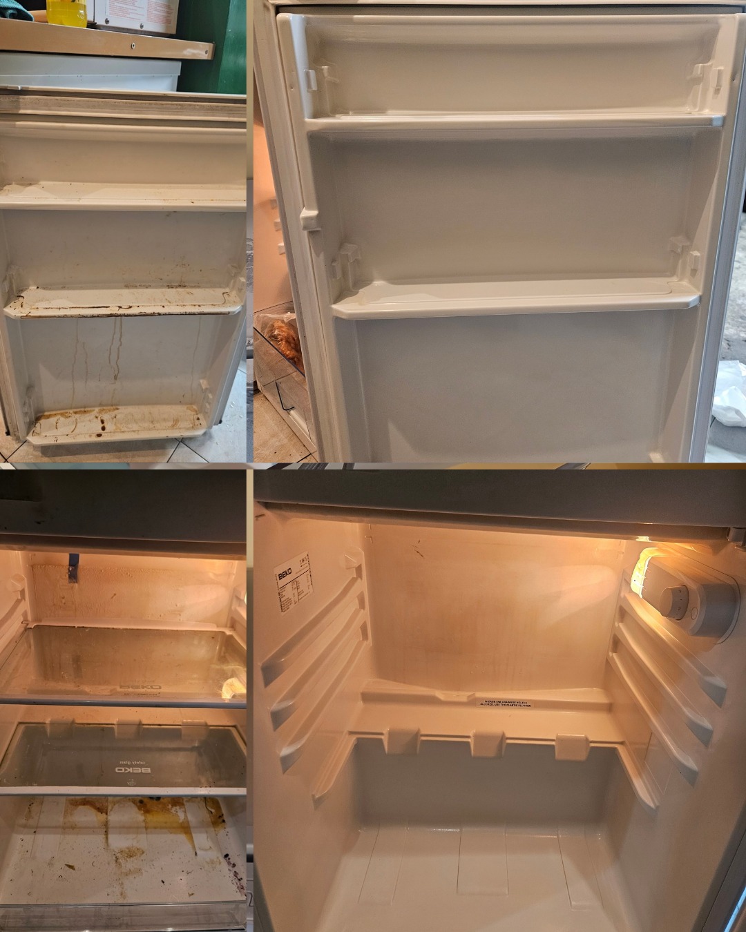 Kolaż: wnętrze lodówki Beko przed i po czyszczeniu. Widoczne zabrudzenia na półkach i ściankach przed, a następnie czyste, białe wnętrze po usunięciu zanieczyszczeń.