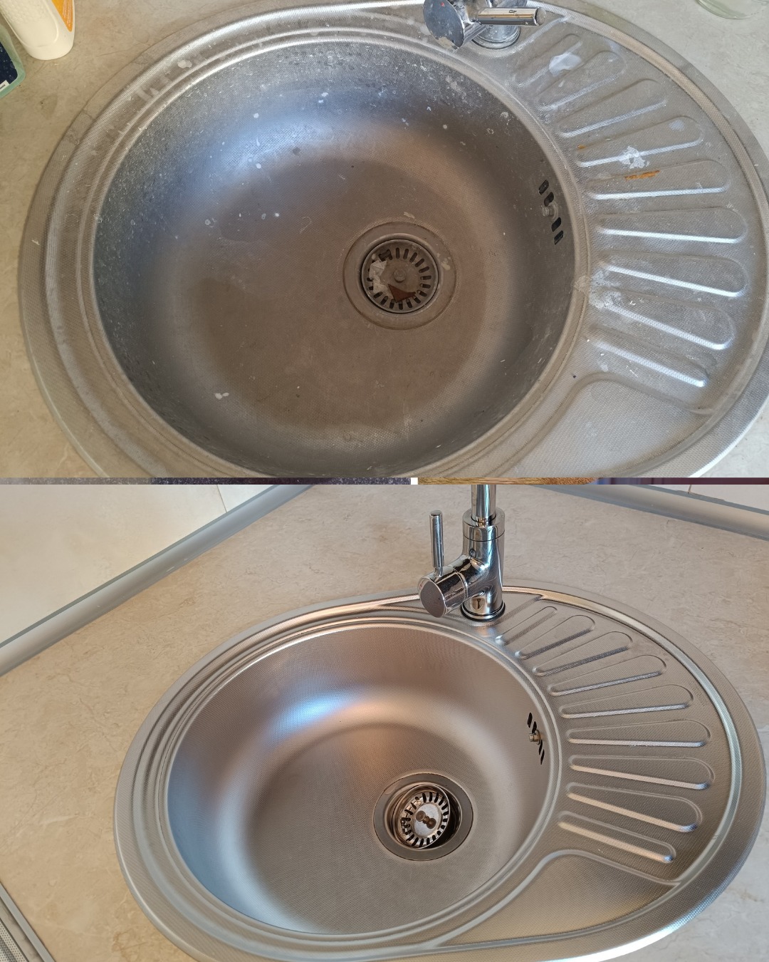 Okrągły, metalowy zlew kuchenny w ujęciu 'przed i po' czyszczeniu. Górna część zlewu jest brudna, dolna lśni czystością. Widoczny kran i fragment blatu.