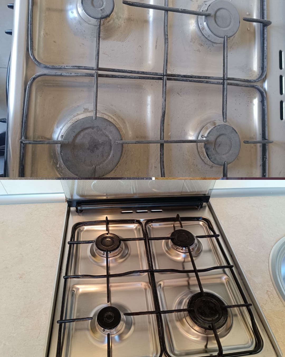 Kuchenka gazowa przed i po czyszczeniu w Częstochowie. Widoczna różnica w połysku i czystości palników oraz rusztu. Efekt profesjonalnego sprzątania.