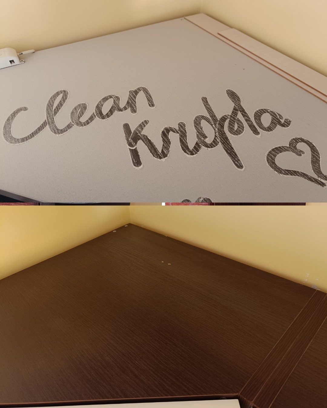 Półka narożna: górna część z napisem 'Clean Kropla' i sercem z kurzu, dolna część po czyszczeniu, ukazująca ciemnobrązową powierzchnię.
