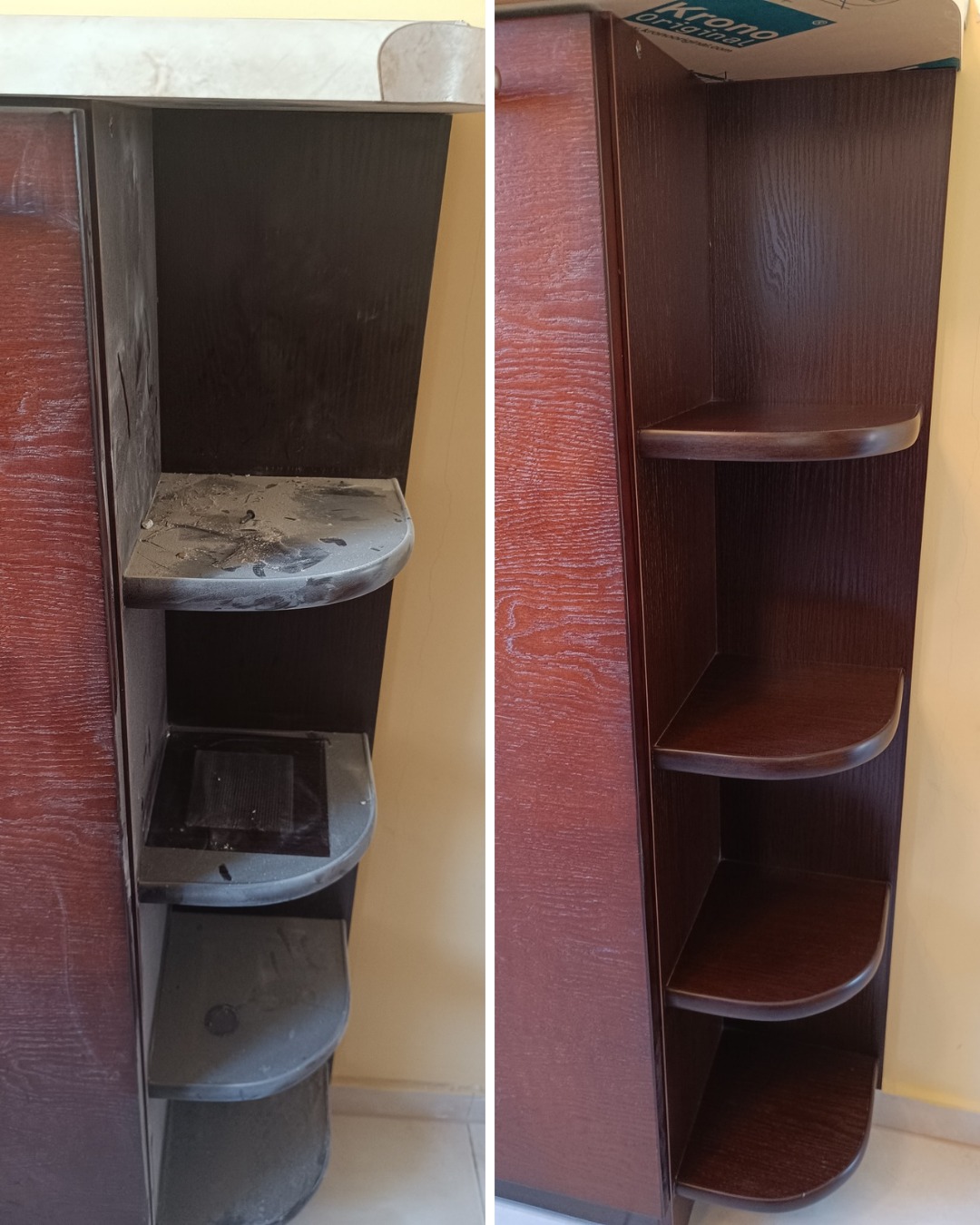 Zdjęcie 'przed i po' przedstawia narożną półkę z ciemnego drewna: po lewej zakurzona, po prawej czysta, z połyskującą powierzchnią. Widoczne różnice w odcieniu drewna.