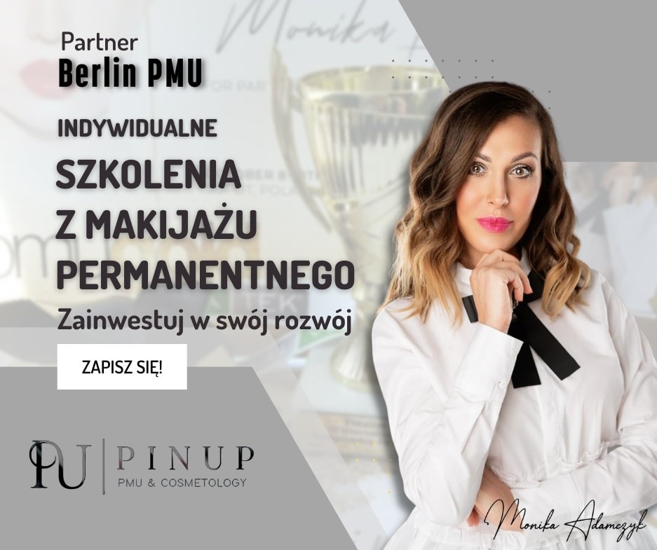 Szkolenia z makijażu permanentnego PinUp PMU & Cosmetology. Portret kobiety z mocnym makijażem, logo firmy i hasło reklamowe na szaro-białym tle.