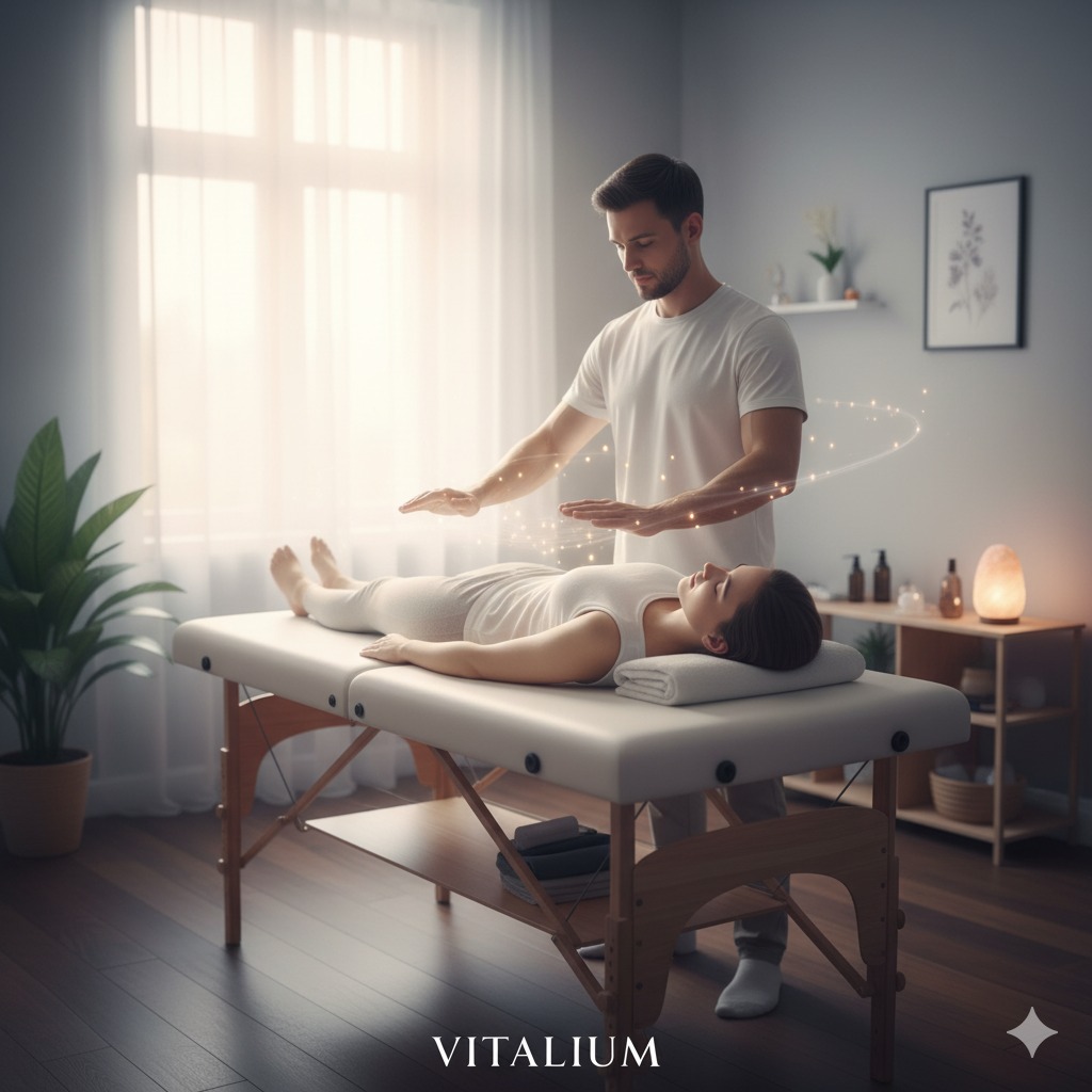 Mężczyzna wykonuje zabieg energetyczny nad leżącą kobietą na kozetce. Drobne świetlne iskry unoszą się wokół dłoni. W tle okno i półka z dekoracjami.