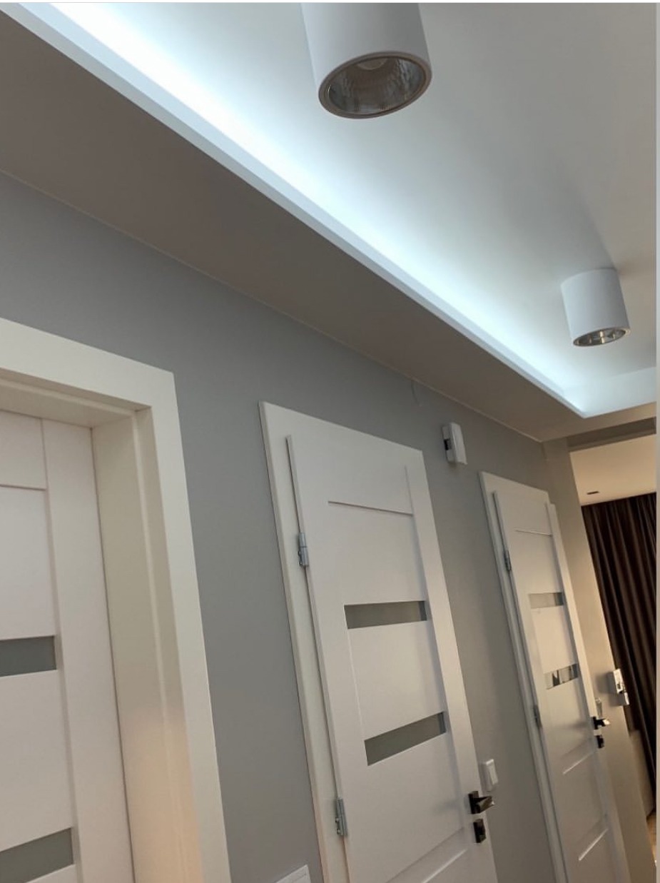 Nowoczesne wnętrze: szare ściany, białe drzwi z przeszkleniami i oświetlenie sufitowe LED. Minimalistyczny design, świeżo po remoncie.