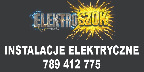 Grafika z nazwą firmy 'Elektroszok' na tle błyskawic, poniżej napis 'Instalacje Elektryczne' i numer telefonu na szarym tle.