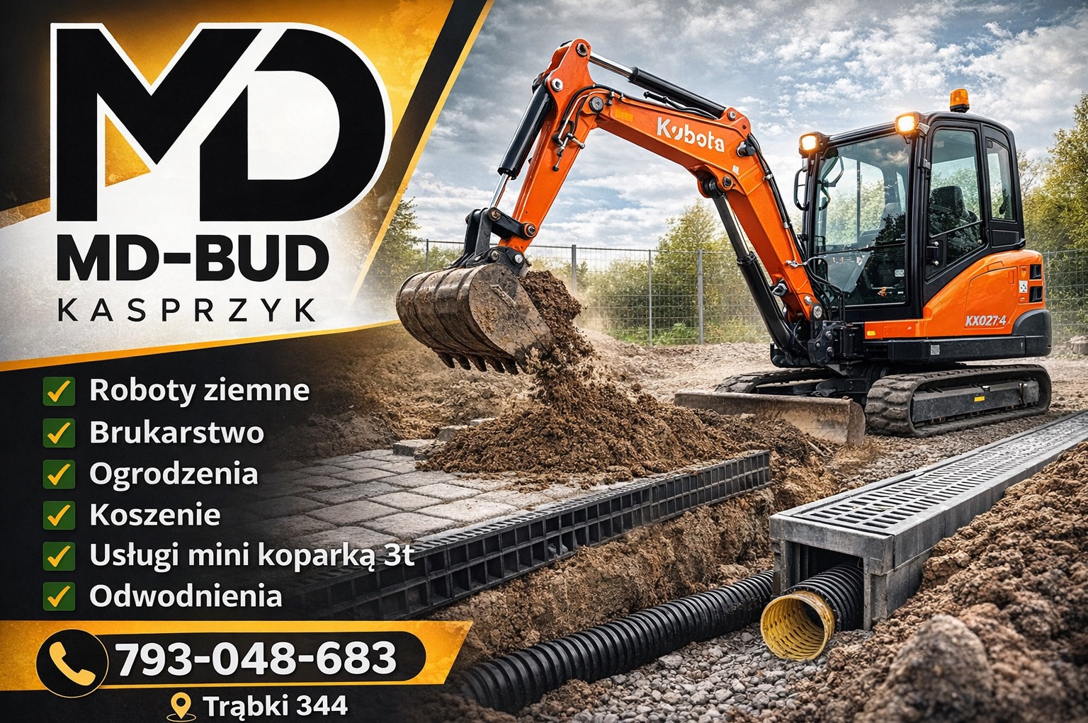Pomarańczowa mini koparka Kubota nabiera ziemię obok ułożonej kostki brukowej i systemu drenażowego. Widoczny rów z rurami drenażowymi. Reklama firmy MD-BUD Kasprzyk.