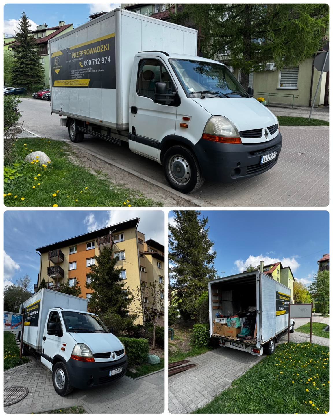 Biała furgonetka z reklamą firmy przeprowadzkowej na tle bloku mieszkalnego i zieleni. Widoczne numery kontaktowe i logo firmy na boku pojazdu.