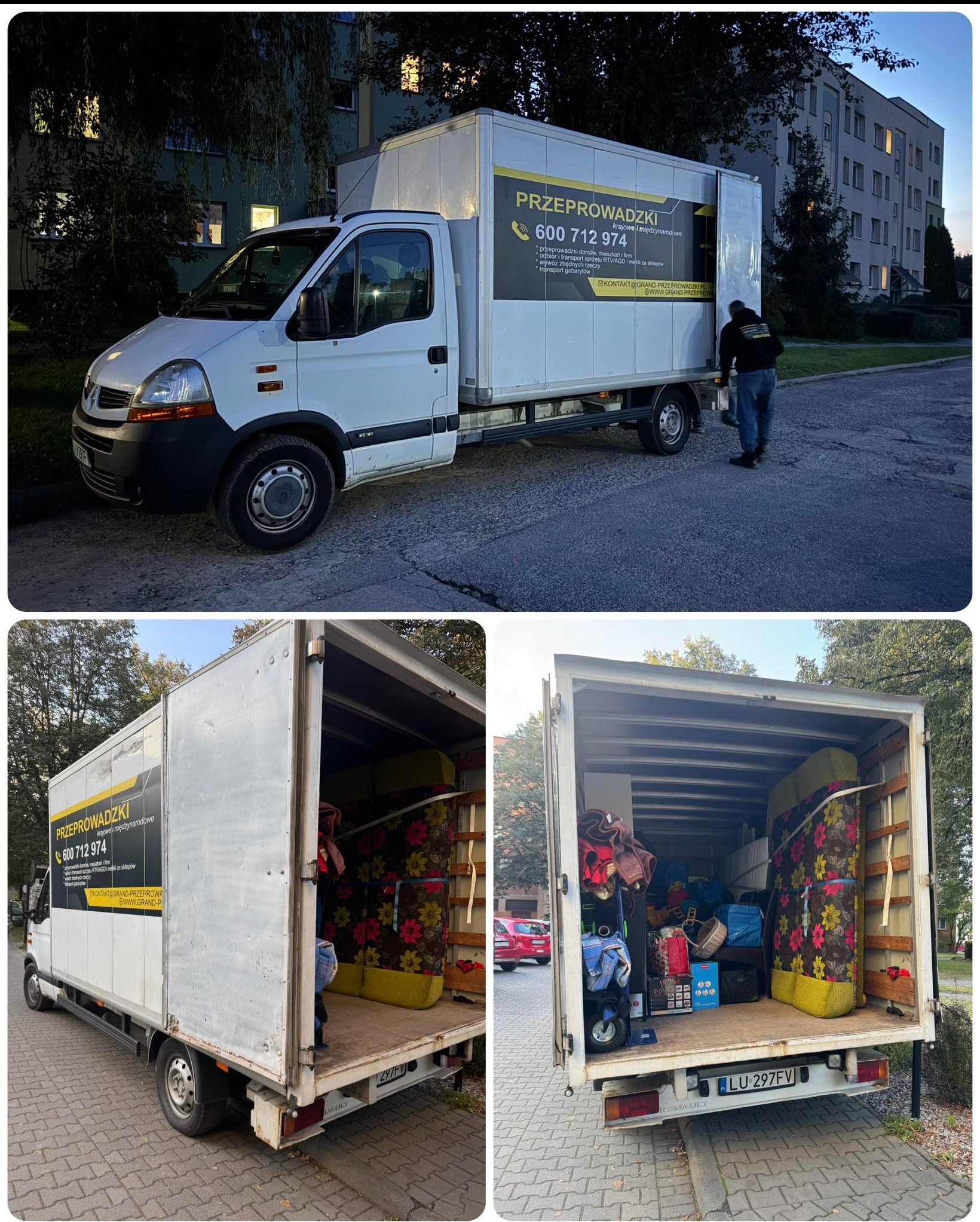 Biała furgonetka z napisem 'Przeprowadzki' na tle bloku mieszkalnego. Wnętrze załadowane meblami i sprzętami. Widoczny numer telefonu i adres strony internetowej.