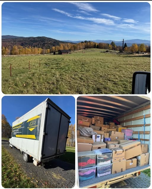 Kolaż: krajobraz, biała ciężarówka z logo i załadunek kartonów. Widok na góry w tle, jesienne drzewa. Pełna skrzynia ładunkowa, kartony i pojemniki.