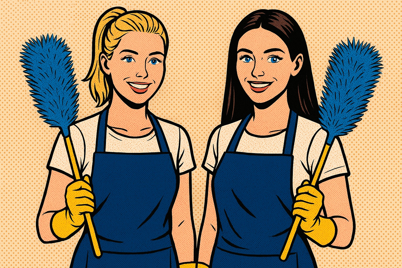 Ilustracja w stylu pop-art przedstawiająca dwie uśmiechnięte kobiety w fartuchach, trzymające miotełki do kurzu na tle w kropki. Grafika nawiązuje do usług sprzątania.