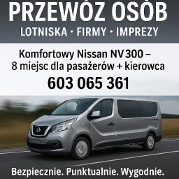 ProDrive - Srebrny Nissan NV300 na drodze, z napisem 'Przewóz osób', numerem telefonu i hasłem: Bezpiecznie, Punktualnie, Wygodnie. Komfortowy transport lotniska, firmy, imprezy.