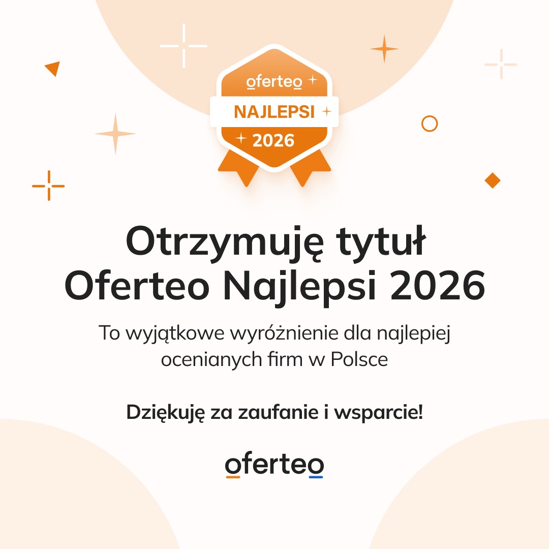 Grafika z tytułem 'Oferteo Najlepsi 2026' dla wyróżnionej firmy. Pomarańczowo-biała kolorystyka, minimalistyczny design. Podziękowanie za zaufanie i wsparcie.