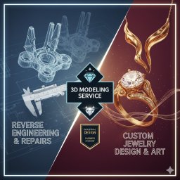 Say10shop - Grafika prezentująca usługi 3D modeling: inżynieria odwrotna z suwmiarką i projektowanie biżuterii z pierścionkiem i naszyjnikiem. Industrial Design Engineer Student.