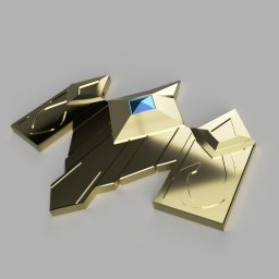 Say10shop - Złoty, geometryczny obiekt z niebieskim akcentem, prawdopodobnie model 3D lub element dekoracyjny, na jednolitym tle. Widoczne detale i precyzja wykonania.